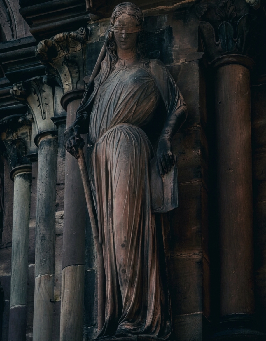 Steinerne Statue der Synagoga mit verbundenen Augen, Schwert und Buch an einer Säulenfassade